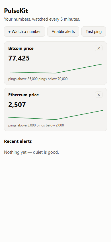 PulseKit running: Bitcoin and Ethereum prices with sparklines and alert thresholds